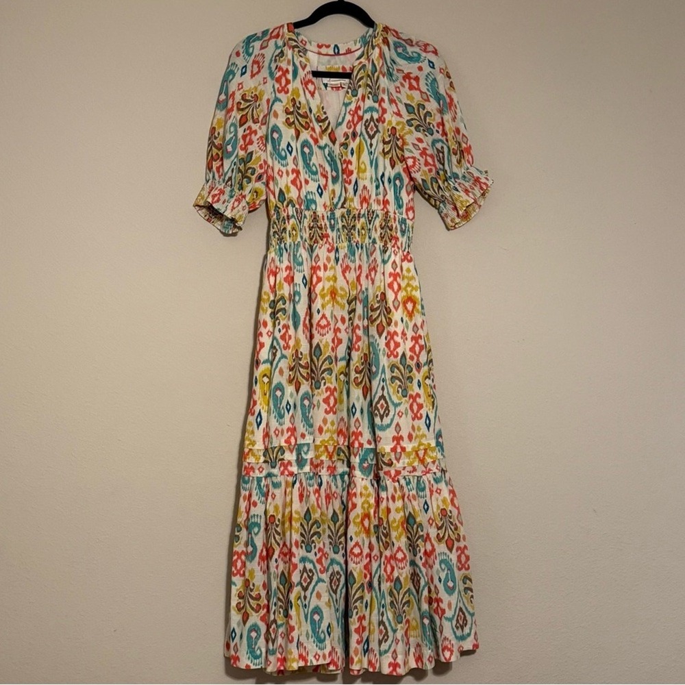 Anthropologie Ikat Print Smocked Maxi Dress XS Boho Puff Sleeve Tiered